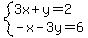 system%283x%2By=2%2C-x-3y=6%29
