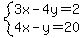 system%283x-4y=2%2C4x-y=20%29