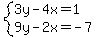 system%283y-4x=1%2C9y-2x=-7%29