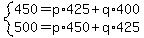 system%28450=p%2A425%2Bq%2A400%2C500=p%2A450%2Bq%2A425%29
