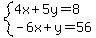system%284x%2B5y=8%2C-6x%2By=56%29