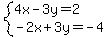 system%284x-3y=2%2C-2x%2B3y=-4%29
