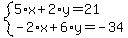 system%285%2Ax%2B2%2Ay=21%2C-2%2Ax%2B6%2Ay=-34%29