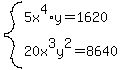 system%285x%5E4%2Ay=1620%2C20x%5E3y%5E2=8640%29