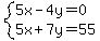 system%285x-4y=0%2C5x%2B7y=55%29