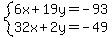 system%286x+%2B+19y+=+-93%2C32x+%2B+2y+=+-49%29