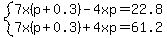 system%287x%28p%2B0.3%29-4xp=22.8%2C7x%28p%2B0.3%29%2B4xp=61.2%29