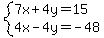 system%287x%2B4y=15%2C4x-4y=-48%29
