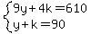 system%289y%2B4k=610%2Cy%2Bk=90%29