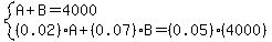 system%28A%2BB=4000%2C%280.02%29A%2B%280.07%29B=%280.05%29%284000%29%29