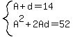 system%28A%2Bd=14%2CA%5E2%2B2Ad=52%29
