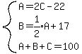 system%28A+=+2C-22%2CB+=+expr%281%2F2%29A+%2B+17%2CA%2BB%2BC=100%29