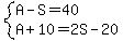 system%28A-S=40%2CA%2B10=2S-20%29