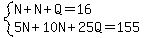 system%28N%2BN%2BQ=16%2C5N%2B10N%2B25Q=155%29