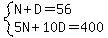 system%28N+%2B+++D+=++56%2C+5N+%2B+10D+=+400%29