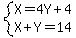 system%28X=4Y%2B4%2CX%2BY=14%29