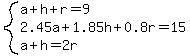 system%28a%2Bh%2Br=9%2C2.45a%2B1.85h%2B0.8r=15%2Ca%2Bh=2r%29