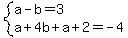 system%28a-b=3%2Ca%2B4b%2Ba%2B2=-4%29