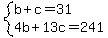system%28b%2Bc=31%2C4b%2B13c=241%29