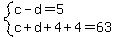 system%28c-d=5%2Cc%2Bd%2B4%2B4=63%29