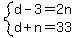 system%28d-3=2n%2Cd%2Bn=33%29