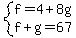 system%28f=4%2B8g%2Cf%2Bg=67%29