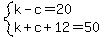 system%28k-c=20%2Ck%2Bc%2B12=50%29