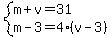 system%28m%2Bv=31%2Cm-3=4%28v-3%29%29