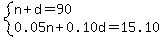 system%28n%2Bd=90%2C0.05n%2B0.10d=15.10%29