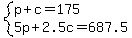 system%28p%2Bc=175%2C5p%2B2.5c=687.5%29