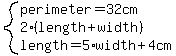system%28perimeter=32cm%2C2%28length%2Bwidth%29%2Clength=5%2Awidth%2B4cm%29