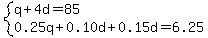 system%28q%2B4d=85%2C0.25q%2B0.10d%2B0.15d=6.25%29