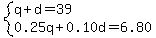 system%28q%2Bd=39%2C0.25q%2B0.10d=6.80%29