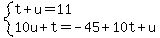 system%28t%2Bu=11%2C10u%2Bt=-45%2B10t%2Bu%29