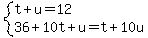 system%28t%2Bu=12%2C36%2B10t%2Bu=t%2B10u%29