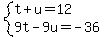 system%28t%2Bu=12%2C9t-9u=-36%29