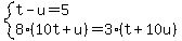 system%28t-u=5%2C8%2810t%2Bu%29=3%28t%2B10u%29%29
