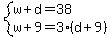 system%28w%2Bd=38%2Cw%2B9=3%28d%2B9%29%29