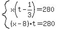 system%28x%28t-1%2F3%29=280%2C%28x-8%29%2At=280%29