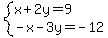 system%28x%2B2y=9%2C-x-3y=-12%29