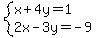 system%28x%2B4y=1%2C2x-3y=-9%29