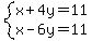 system%28x%2B4y=11%2Cx-6y=11%29