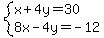 system%28x%2B4y=30%2C8x-4y=-12%29