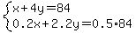 system%28x%2B4y=84%2C0.2x%2B2.2y=0.5%2A84%29