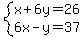 system%28x%2B6y=26%2C6x-y=37%29
