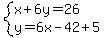 system%28x%2B6y=26%2Cy=6x-42%2B5%29