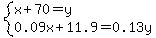 system%28x%2B70=y%2C0.09x%2B11.9=0.13y%29