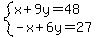system%28x%2B9y=48%2C-x%2B6y=27%29