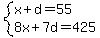 system%28x%2Bd=55%2C8x%2B7d=425%29