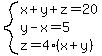 system%28x%2By%2Bz=20%2Cy-x=5%2Cz=4%28x%2By%29%29